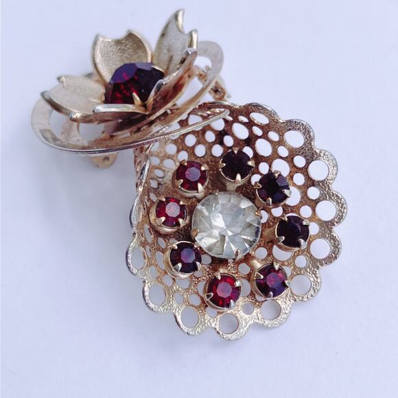 VTG Mid Century Gold Tone Rhinestone Fan Flower Brooch Costume Jewelry 50s 60s - Picture 8 of 10